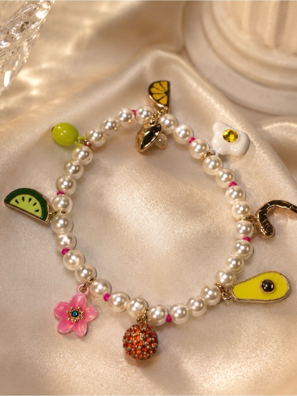 Betsey Johnson Pearl Beaded Charm Bracelet with Colorful Charms